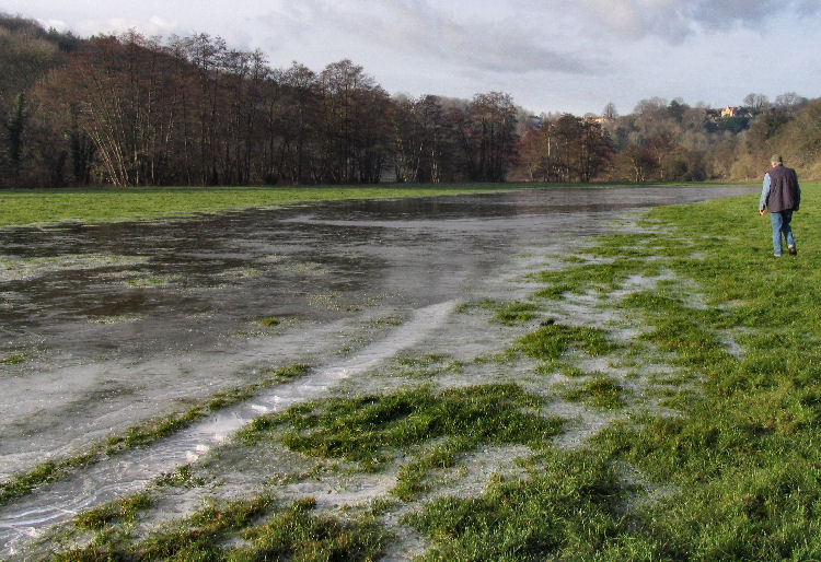 Flooded field turned to ice at Freshford Mill Somerset